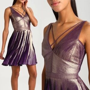 Karen Millen Purple Metallic Plisse Pleated Mini Dress Crisscross Straps Sz 6